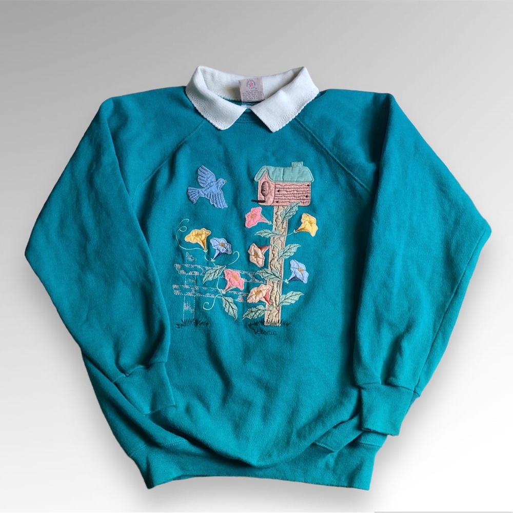Vintage Cottage-core Valorie Sockwell Appliqué Grandma Collar Sweatshirt XL